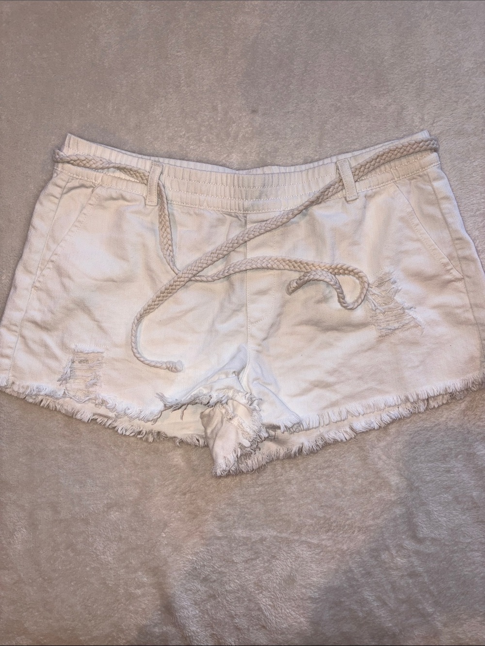 aerie White Frayed Hem Drawstring Jean Shorts